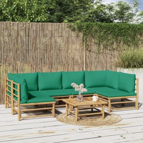 Set de muebles de jardín 7 piezas bambú con cojines verde