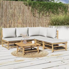 Set de muebles de jardín 6 piezas bambú con cojines gris claro