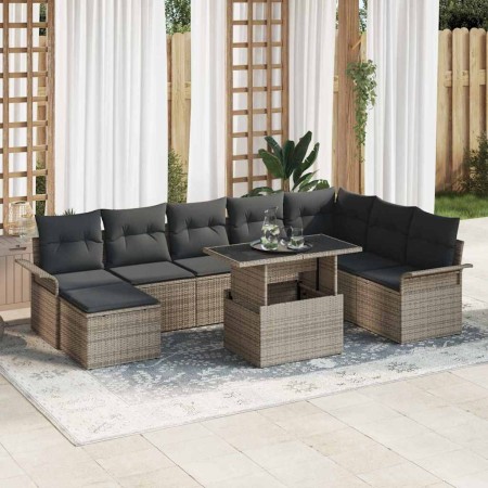 Conjunto de sofá de jardín con cojín 9 pcs Gris Poliratán