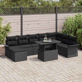 Conjunto de sofá de jardín con cojín 9 pcs Negro Poliratán