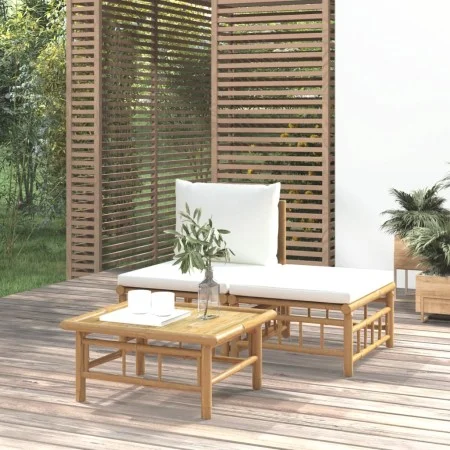 Garden furniture set 3 pieces bamboo and cream white cushions by vidaXL, Modular outdoor sofas - Ref: Foro24-362297, Price: 2...