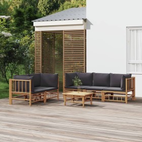 Set de muebles de jardín 6 piezas bambú con cojines gris oscuro