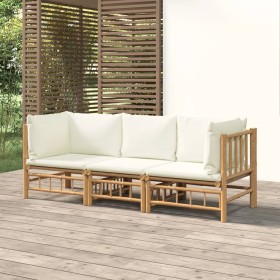 Set de muebles de jardín 3 piezas bambú y cojines blanco crema