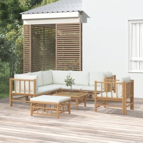 Set de muebles de jardín 8 piezas bambú y cojines blanco crema