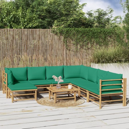 9-teiliges Gartenmöbel-Set aus Bambus mit grünen Kissen von vidaXL, Gartensets - Ref: Foro24-3155164, Preis: 694,44 €, Rabatt: %