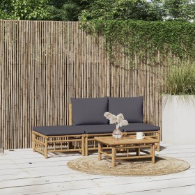 Set de muebles de jardín 4 piezas bambú con cojines gris oscuro
