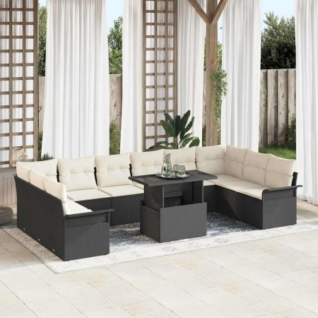 Conjunto de sofá de jardín con cojín 11 pcs Negro Poliratán