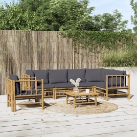 Set de muebles de jardín 7 piezas bambú con cojines gris oscuro