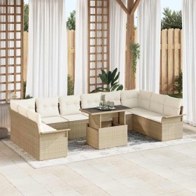 Conjunto de sofá de jardín con cojín 11 pcs Beige Poliratán