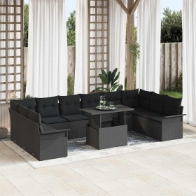 Conjunto de sofá de jardín con cojín 11 pcs Negro Poliratán
