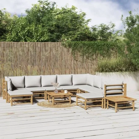 Set de muebles de jardín 12 piezas bambú y cojines gris claro de vidaXL, Conjuntos de jardín - Ref: Foro24-3155099, Precio: 1...