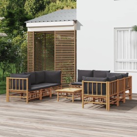 Set de muebles de jardín 9 piezas bambú con cojines gris oscuro