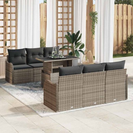 Conjunto de sofá de jardín con cojín 7 pcs Gris Poliratán