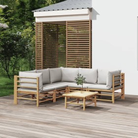 Set de muebles de jardín 6 piezas bambú con cojines gris claro