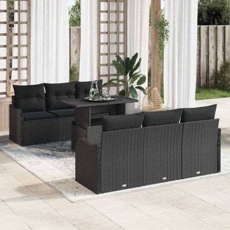 Conjunto de sofá de jardín con cojín 7 pcs Negro Poliratán