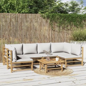 Gartenmöbel-Set 7-teilig aus Bambus und hellgrauen Kissen von vidaXL, Gartensets - Ref: Foro24-3155102, Preis: 710,40 €, Raba...