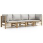 Set de muebles de jardín 4 piezas bambú y cojines gris claro