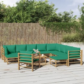 Set de muebles de jardín 12 piezas bambú con cojines verde