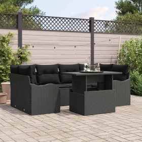 Conjunto de sofá de jardín con cojín 7 pcs Negro Poliratán