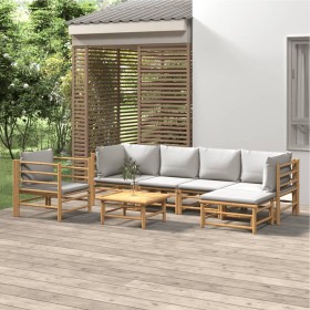 Set de muebles de jardín 7 piezas bambú y cojines gris claro
