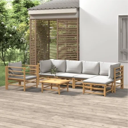 Gartenmöbel-Set, 7-teilig, aus Bambus mit hellgrauen Kissen. von vidaXL, Gartensets - Ref: Foro24-3155085, Preis: 633,71 €, R...