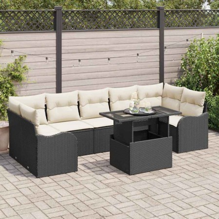 Conjunto de sofá de jardín con cojín 8 pcs Negro Poliratán
