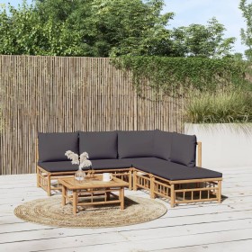 Set de muebles de jardín 6 piezas bambú con cojines gris oscuro