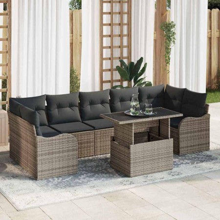 Conjunto de sofá de jardín con cojín 8 pcs Gris Poliratán