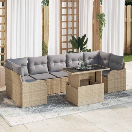 Conjunto de sofá de jardín con cojín 8 pcs Beige Poliratán