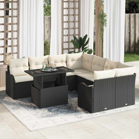Conjunto de sofá de jardín con cojín 9 pcs Negro Poliratán