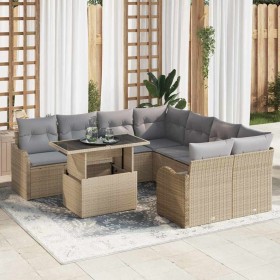 Conjunto de sofá de jardín con cojín 9 pcs Beige Poliratán