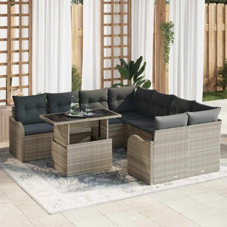 Conjunto de sofá de jardín con cojín 9 pcs Gris claro Poliratán
