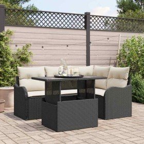 Conjunto de sofá de jardín con cojín 5 pcs Negro Poliratán Conjunto de sofá de jardín con cojín 5 pcs Negro Poliratán