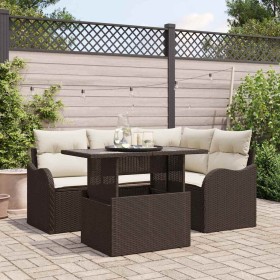 Conjunto de sofá de jardín con cojín 5 pcs Marrón Poliratán