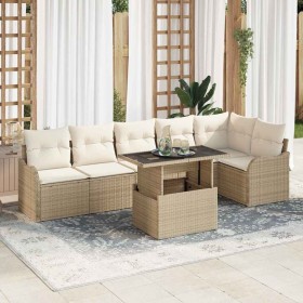 Conjunto de sofá de jardín con cojín 7 pcs Beige Poliratán