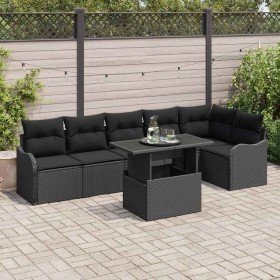 Conjunto de sofá de jardín con cojín 7 pcs Negro Poliratán Conjunto de sofá de jardín con cojín 7 pcs Negro Poliratán