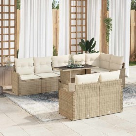 Conjunto de sofá de jardín con cojín 9 pcs Beige Poliratán