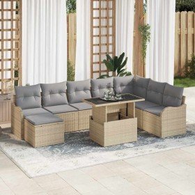 Conjunto de sofá de jardín con cojín 9 pcs Beige Poliratán