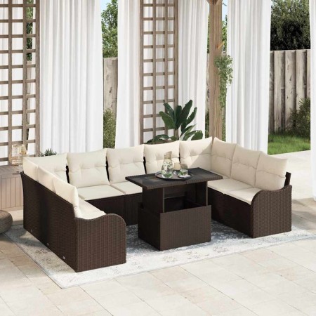 Conjunto de sofá de jardín con cojín 10 pcs Marrón Poliratán