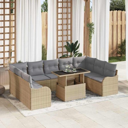Conjunto de sofá de jardín con cojín 10 pcs Beige Poliratán