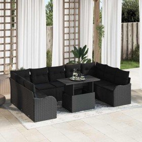 Conjunto de sofá de jardín con cojín 10 pcs Negro Poliratán