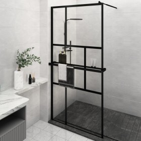 Mampara ducha con estante vidrio ESG y aluminio negro 115x195cm