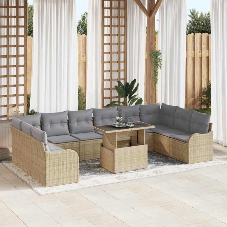 Conjunto de sofá de jardín con cojín 11 pcs Beige Poliratán