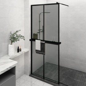 Mampara ducha con estante vidrio ESG y aluminio negro 90x195 cm