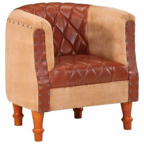 Sillón de cuero auténtico y madera maciza de mango marrón Sillón de cuero auténtico y madera maciza de mango marrón