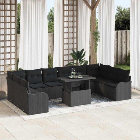 Conjunto de sofá de jardín con cojín 11 pcs Negro Poliratán