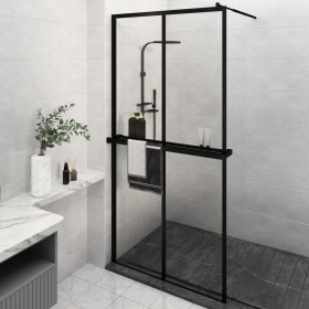 Mampara ducha con estante vidrio ESG y aluminio negro 118x190cm