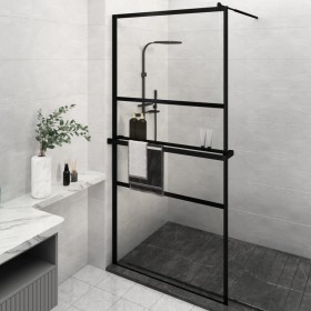 Mampara ducha con estante vidrio ESG y aluminio negro 115x195cm