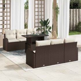 Conjunto de sofá de jardín con cojín 7 pcs Marrón Poliratán