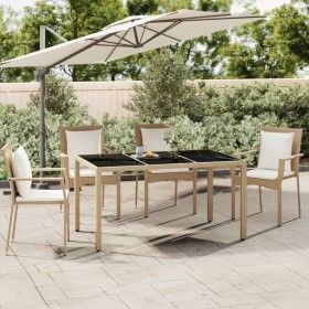 Mesa de jardín ratán beige y superficie de vidrio templado